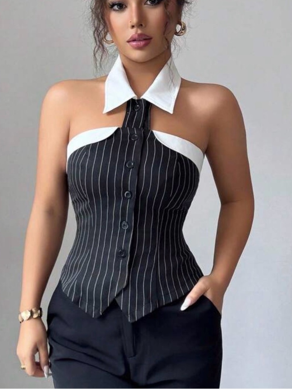 Women’s Black Pinstripe Halter Collar Top with White Trim